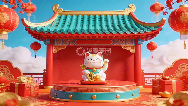 招财猫在传统建筑前的节日场景