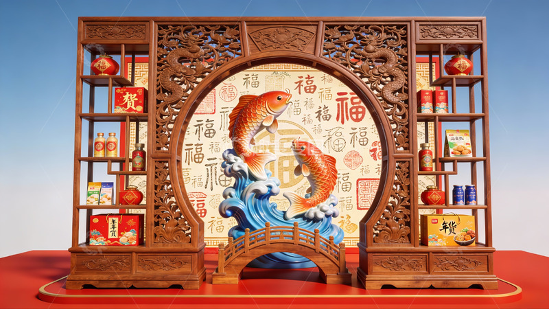 高清大图下载【趣麦麦图】中式福字屏风与双鱼雕塑