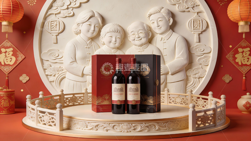 高清大图下载【趣麦麦图】春节主题红酒礼盒展示