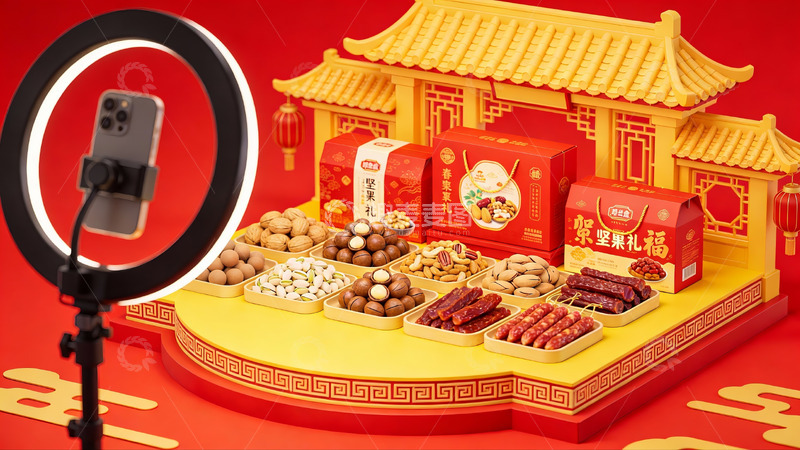 高清大图下载【趣麦麦图】春节礼盒直播展示场景