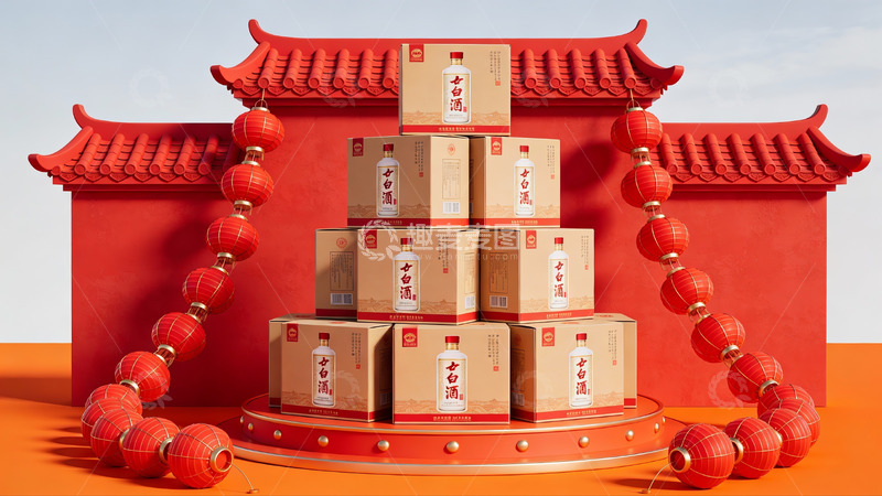 高清大图下载【趣麦麦图】红色建筑前的礼盒堆叠展示