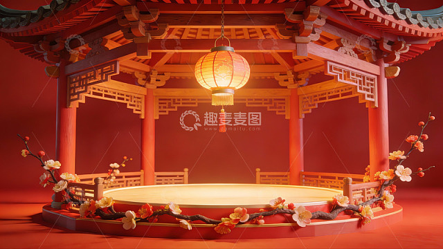 中式亭台与灯笼装饰场景