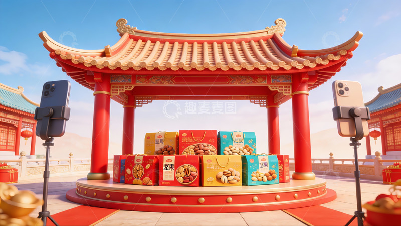 高清大图下载【趣麦麦图】传统建筑前展示礼盒