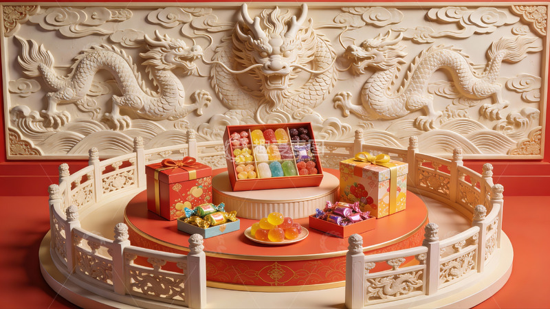 高清大图下载【趣麦麦图】中式龙雕背景下的礼盒陈列