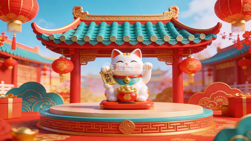高清大图下载【趣麦麦图】招财猫在传统节日场景中
