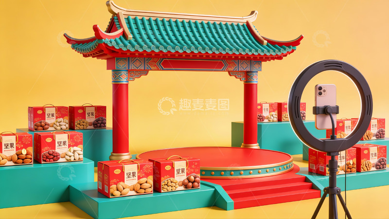 高清大图下载【趣麦麦图】中式建筑前的产品展示