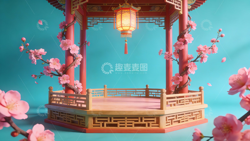 高清大图下载【趣麦麦图】中式亭台与樱花盛开