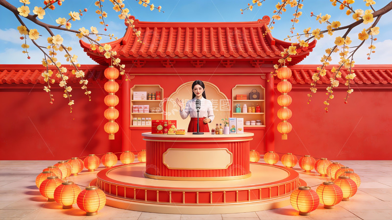 高清大图下载【趣麦麦图】中式节日主题直播间场景