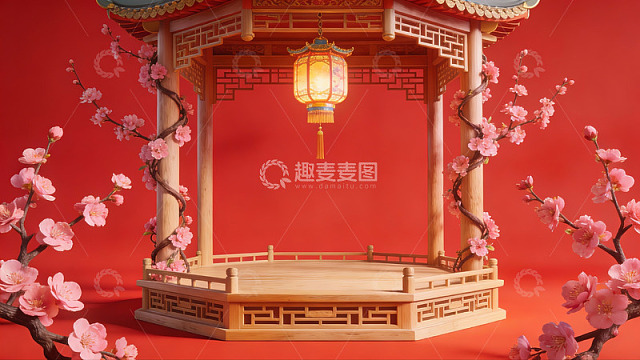 中式亭台与梅花灯饰