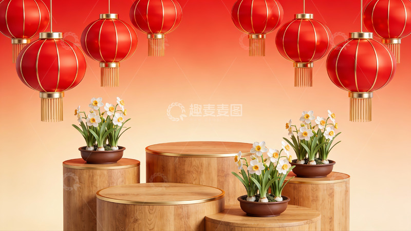 高清大图下载【趣麦麦图】红色灯笼与花卉装饰场景