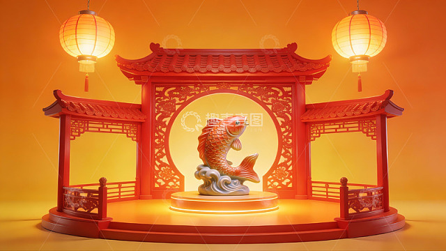中式亭台中的鲤鱼雕塑
