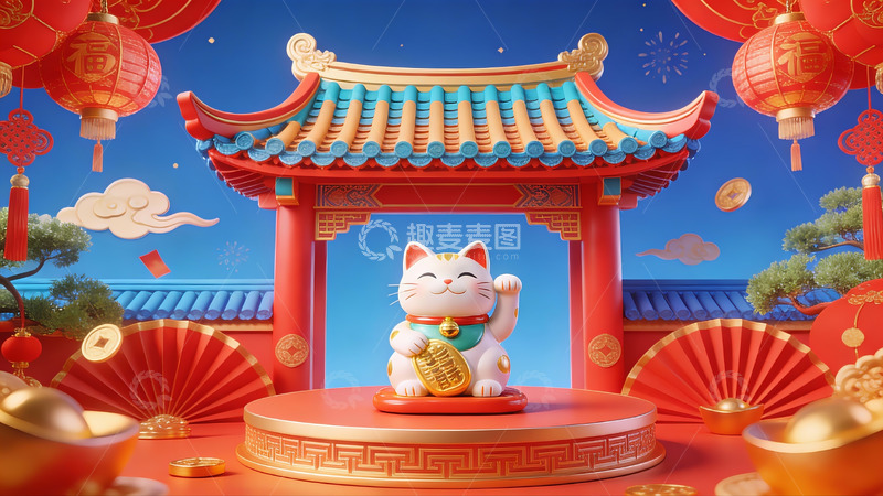 高清大图下载【趣麦麦图】招财猫与传统中式建筑