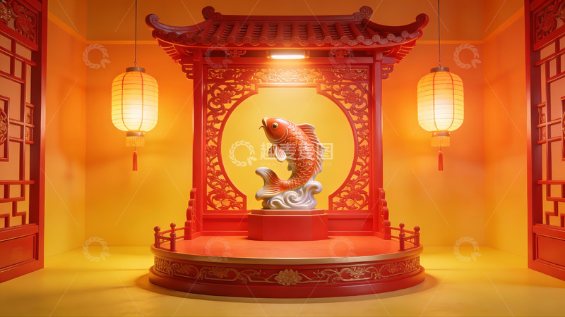 高清大图下载【趣麦麦图】中式灯笼与锦鲤雕塑场景