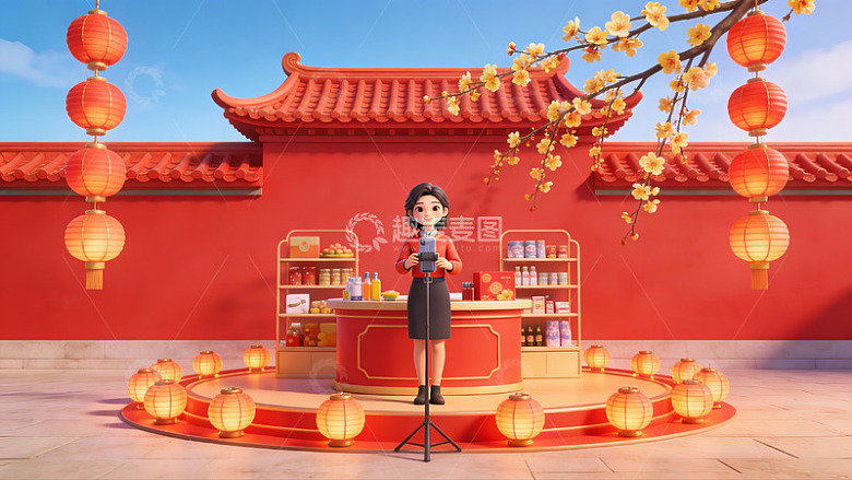 女子在传统建筑前主持活动
