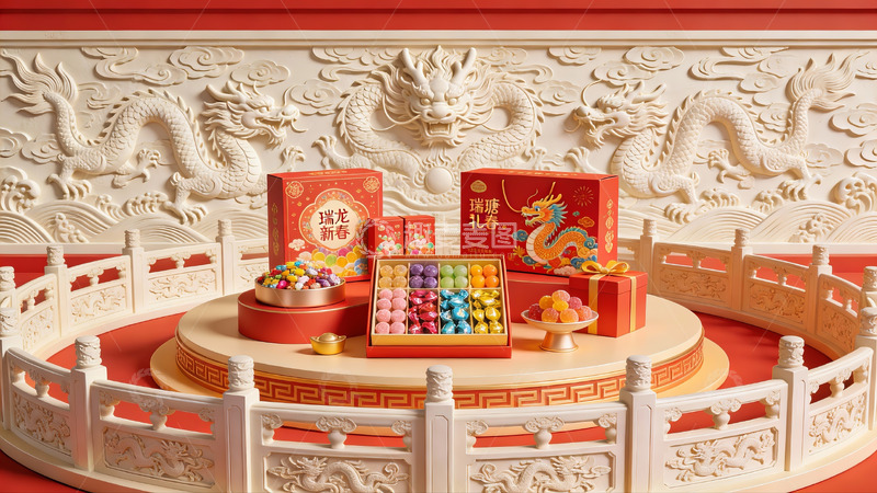 高清大图下载【趣麦麦图】中式龙纹背景下的节日礼盒陈列