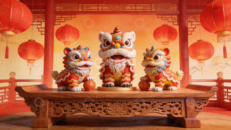 高清大图下载【趣麦麦图】舞狮雕像陈列于传统中式场景