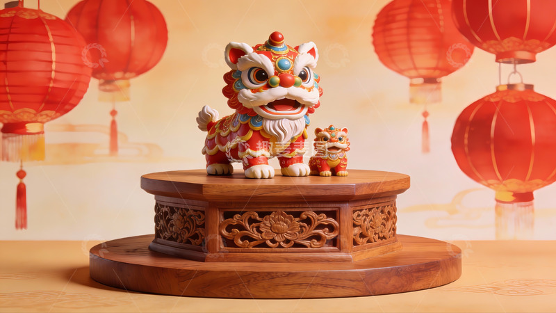 高清大图下载【趣麦麦图】舞狮雕塑与红灯笼装饰