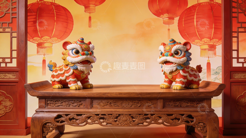 高清大图下载【趣麦麦图】中式舞狮摆件与红灯笼装饰
