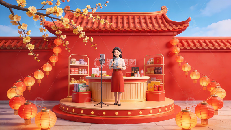 高清大图下载【趣麦麦图】女子在传统建筑前直播