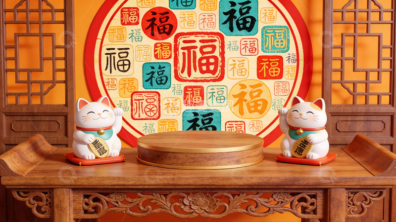 高清大图下载【趣麦麦图】招财猫与福字装饰的中式场景