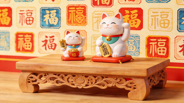 招财猫摆件置于雕花木桌