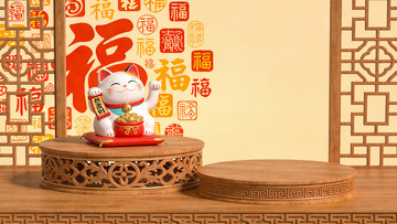 招财猫摆件与福字装饰