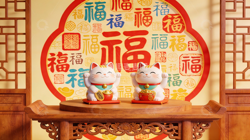 高清大图下载【趣麦麦图】招财猫与福字装饰场景