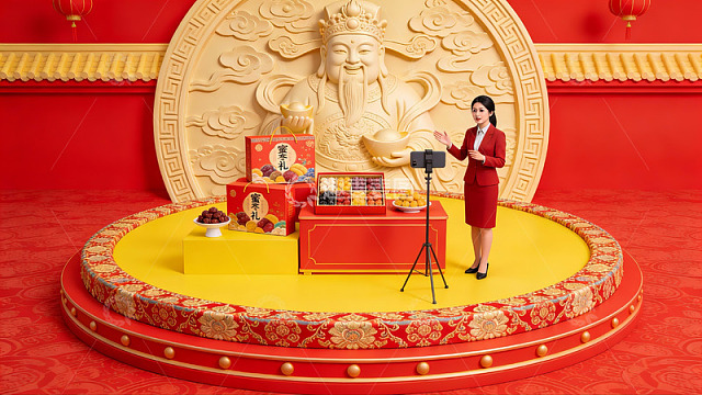 女性在传统节日场景中展示礼品