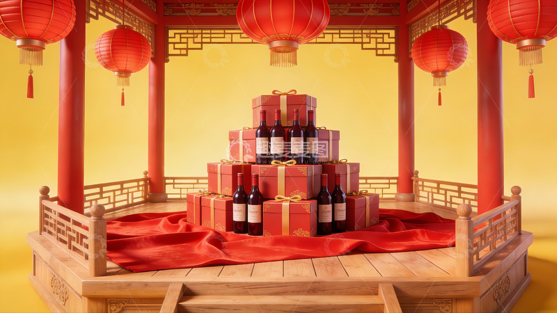 高清大图下载【趣麦麦图】中式亭台红酒礼盒陈列