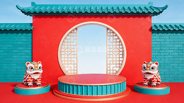 中式传统建筑与舞狮装饰场景