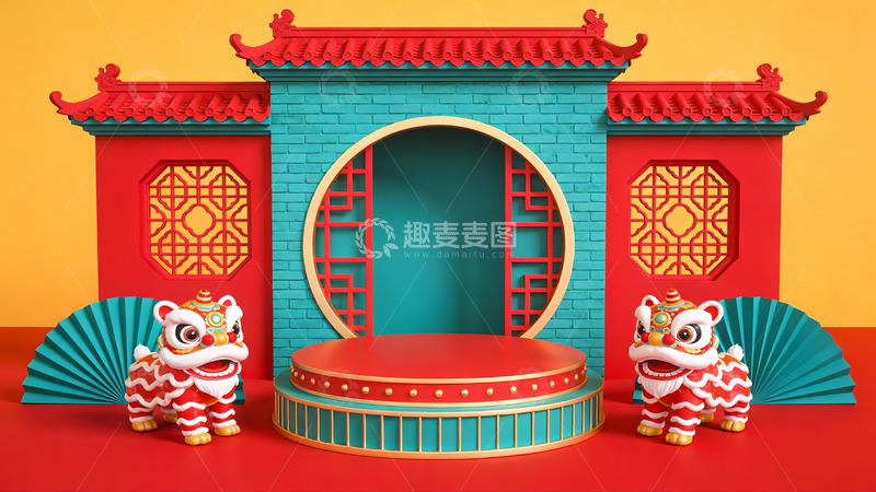 高清大图下载【趣麦麦图】中式传统建筑与舞狮装饰场景