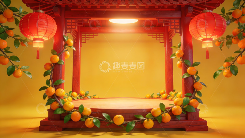 高清大图下载【趣麦麦图】中式亭台挂灯橙果装饰