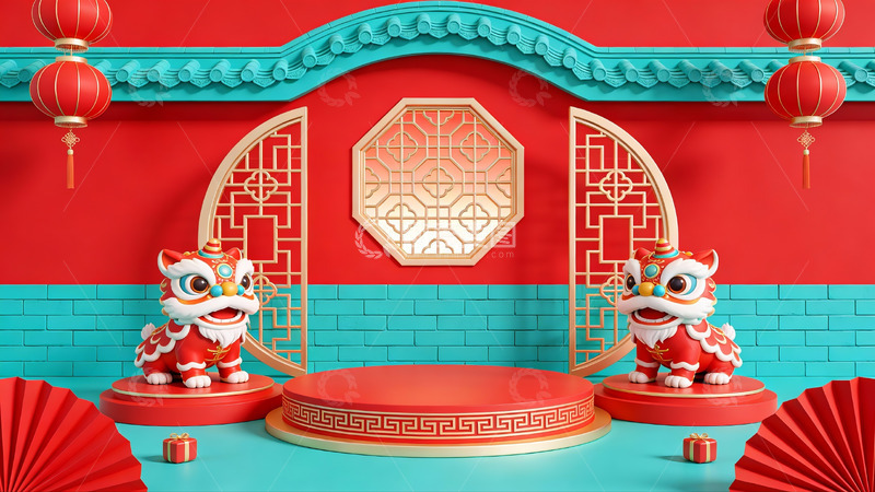 高清大图下载【趣麦麦图】春节舞狮装饰场景