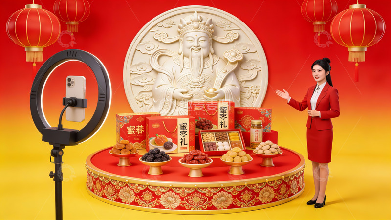 高清大图下载【趣麦麦图】春节礼盒展示直播场景