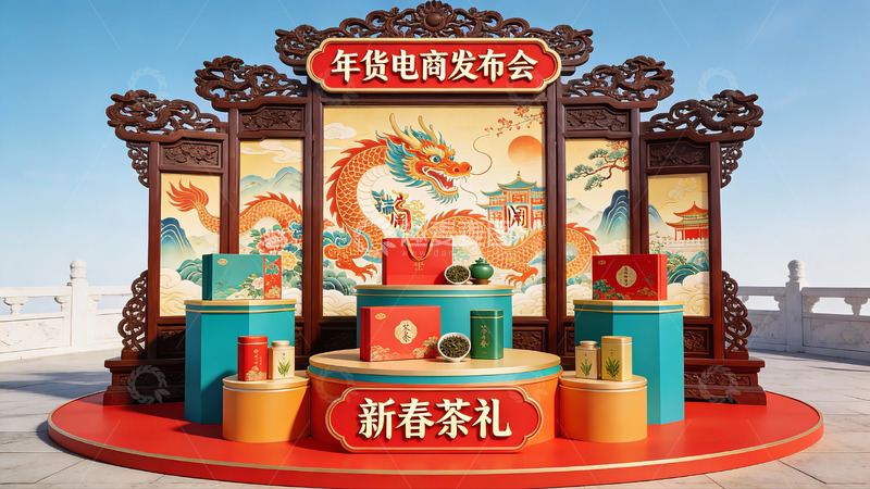 高清大图下载【趣麦麦图】新春茶礼电商发布会场景