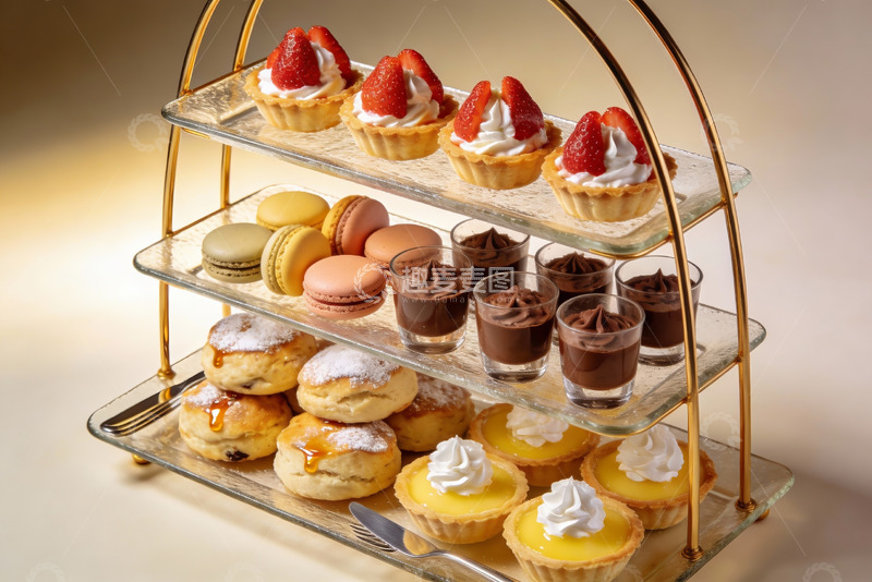 高清大图下载【趣麦麦图】三层甜点架摆满精致糕点