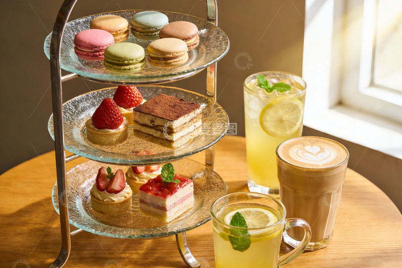 高清大图下载【趣麦麦图】三层甜品架配饮品下午茶