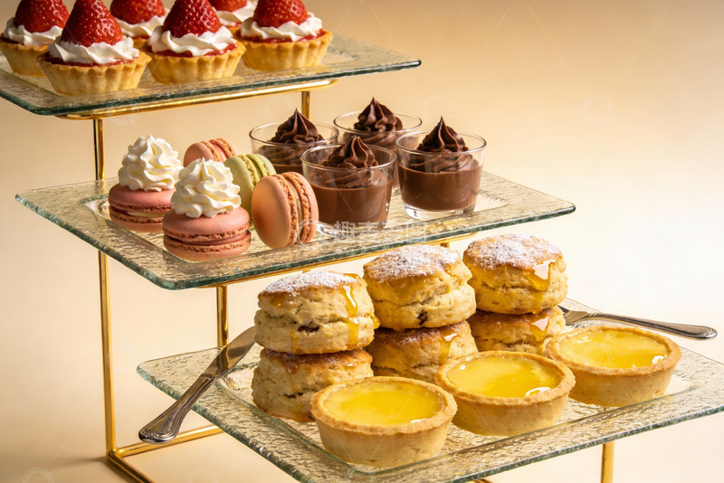 高清大图下载【趣麦麦图】三层甜点架展示各式精致糕点
