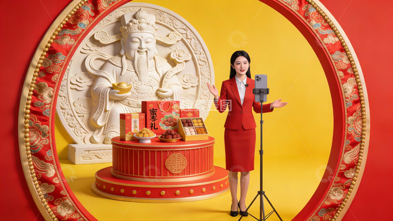 高清大图下载【趣麦麦图】女子在传统装饰前展示礼盒