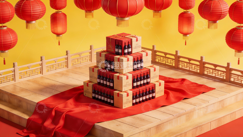 高清大图下载【趣麦麦图】红色灯笼下的礼盒堆叠