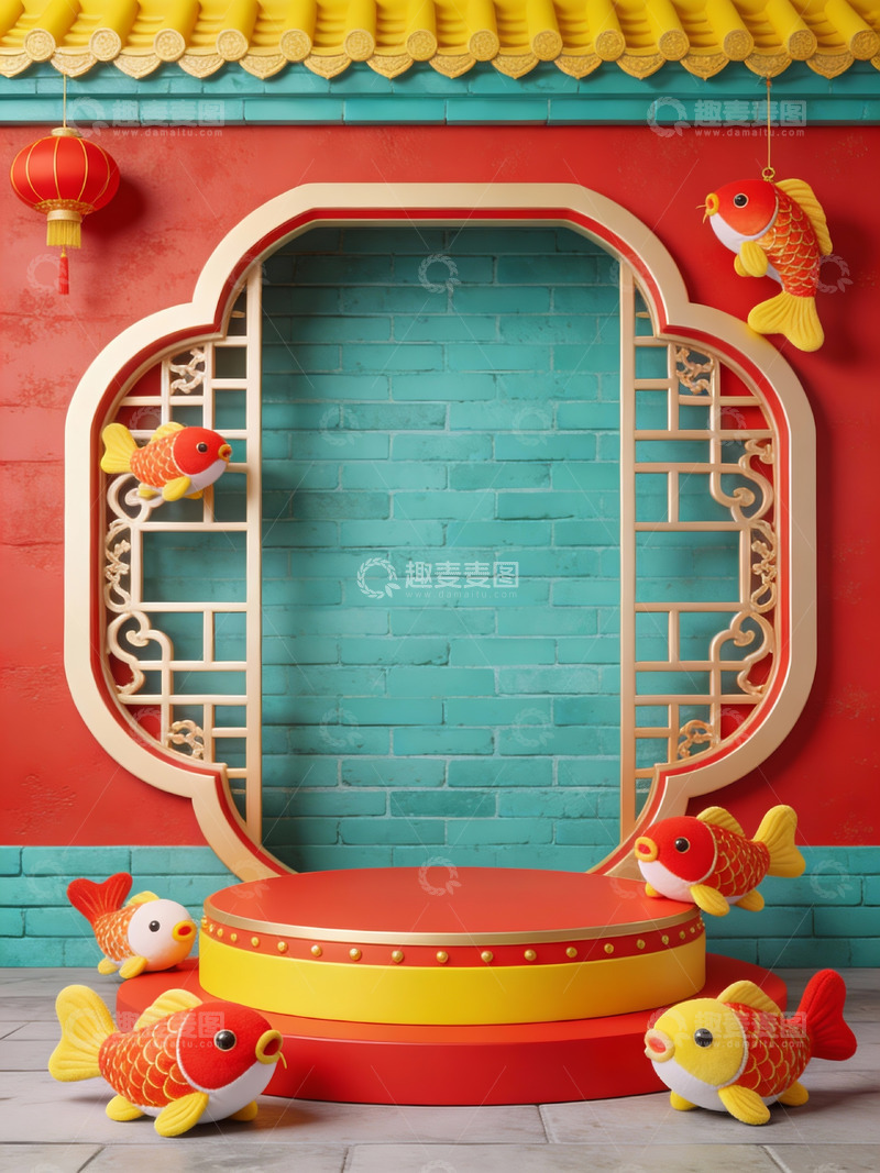 高清大图下载【趣麦麦图】中式窗框与金鱼装饰场景