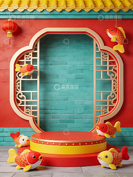 中式窗框与金鱼装饰场景