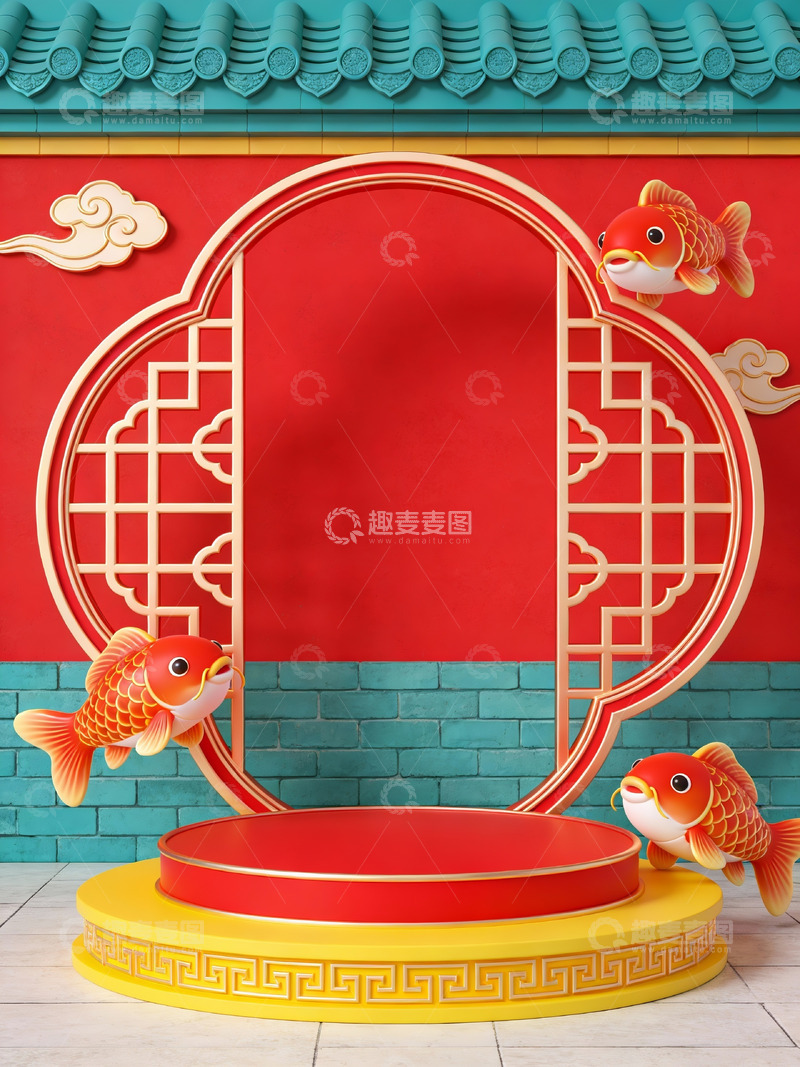 高清大图下载【趣麦麦图】中式窗框与金鱼装饰场景