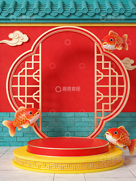 中式窗框与金鱼装饰场景