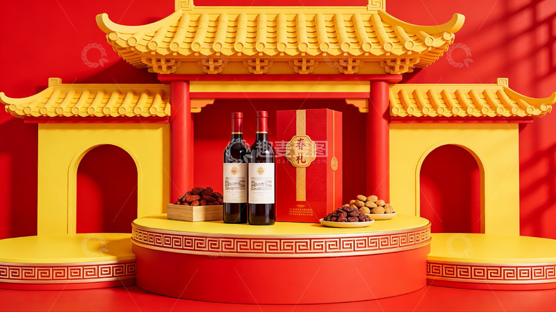 高清大图下载【趣麦麦图】中式建筑前的红酒陈列