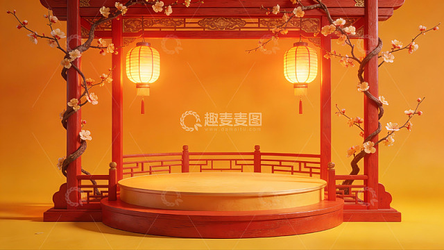 中式亭台与灯笼装饰场景