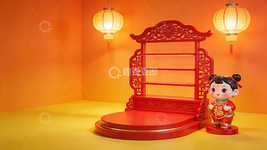 红色中式装饰场景与卡通人物
