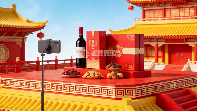 高清大图下载【趣麦麦图】传统建筑前的节日礼盒展示
