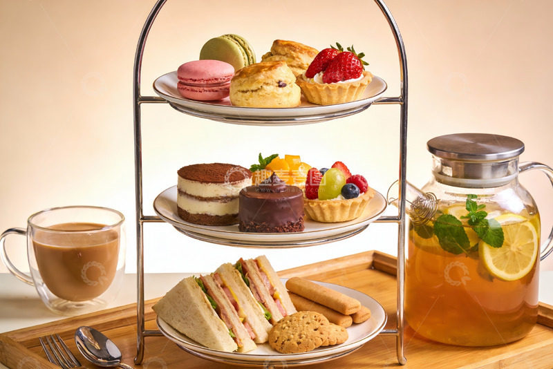 高清大图下载【趣麦麦图】三层下午茶点心架配饮品