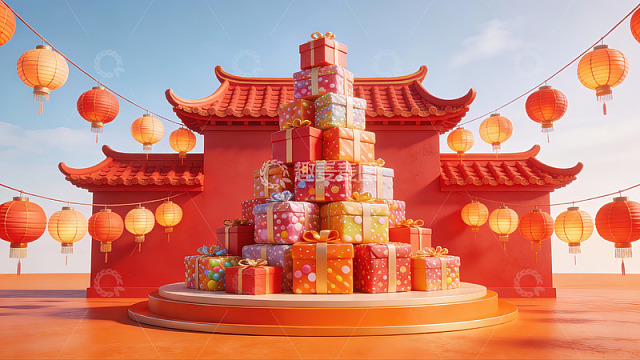 中式建筑前的礼物堆叠